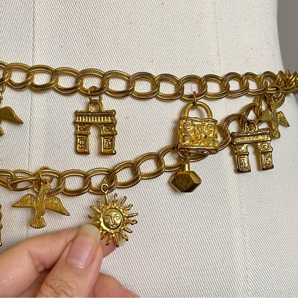 Vintage 70s Balenciaga Cialenga Paris Gold Double Chain Charm Belt ๐ซ๐ท - Picture 4 of 9